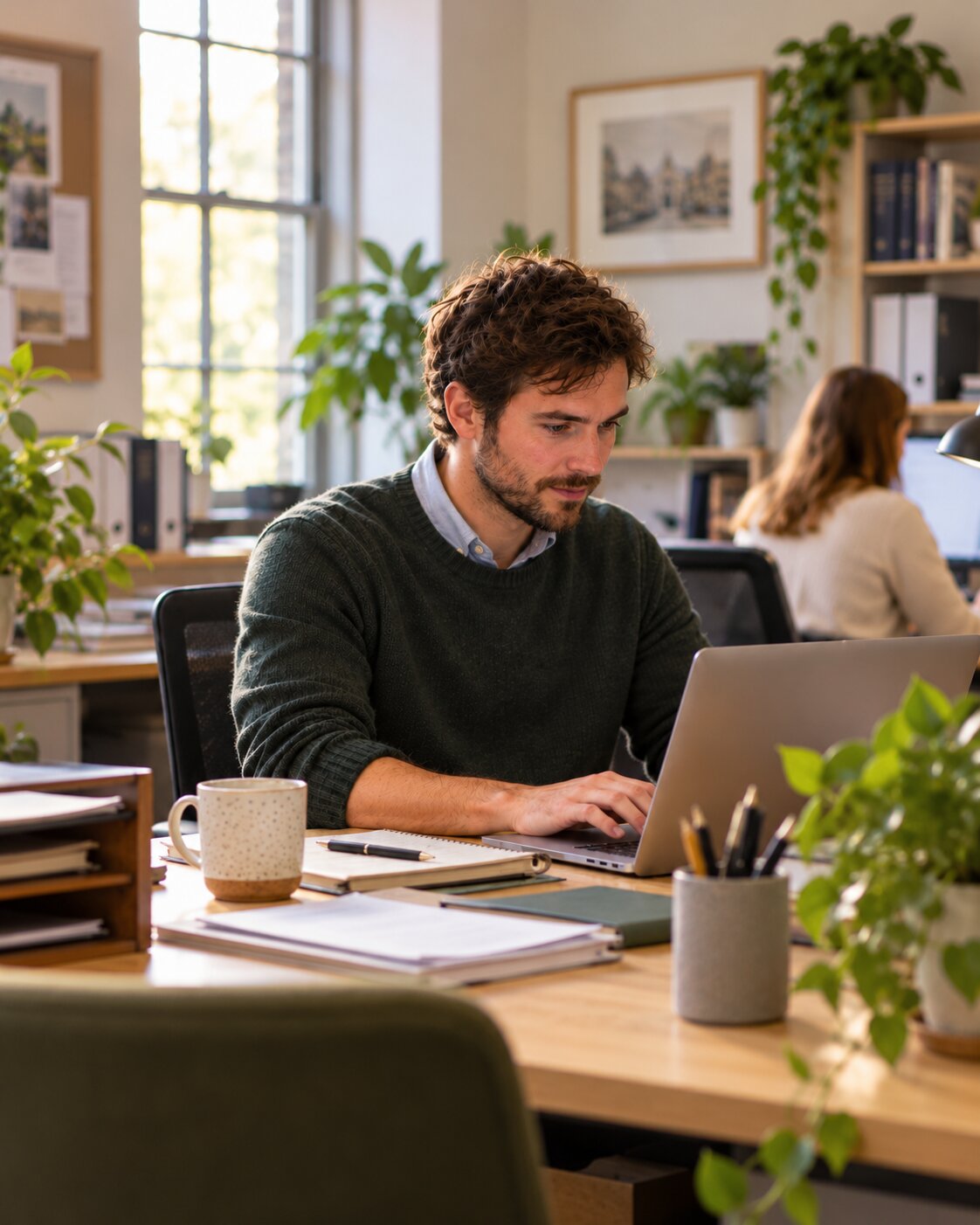 A professional working at a desk in an office.