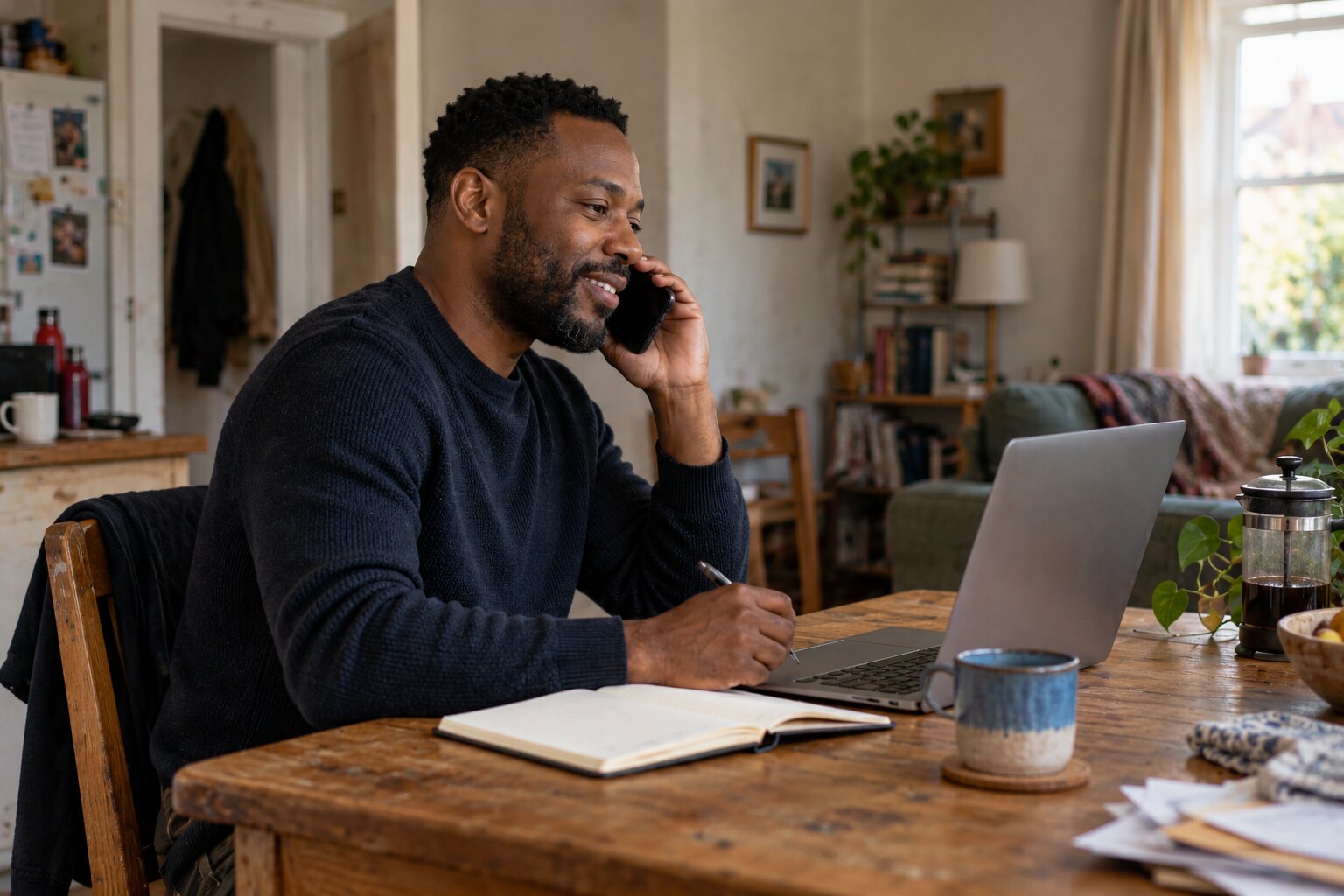 Someone at home on a phone call with a laptop nearby.
