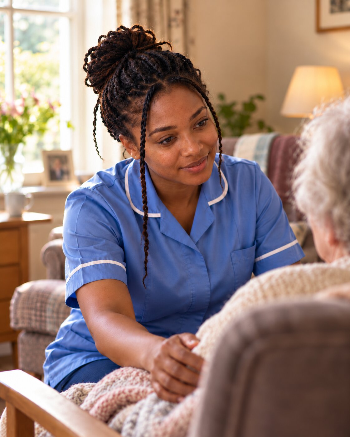 A care worker in uniform in a care setting.