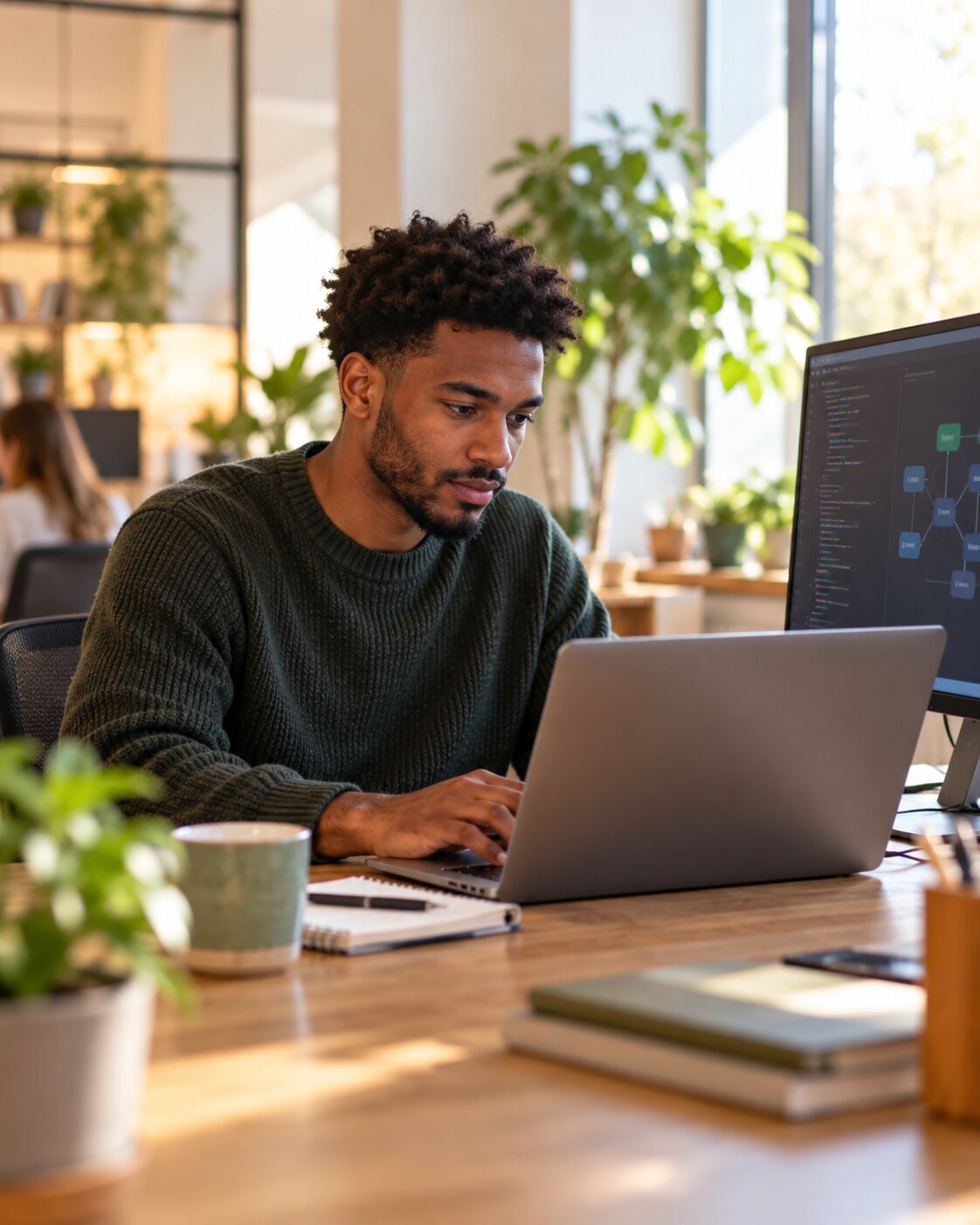 Someone working on a computer, with code on the screen.
