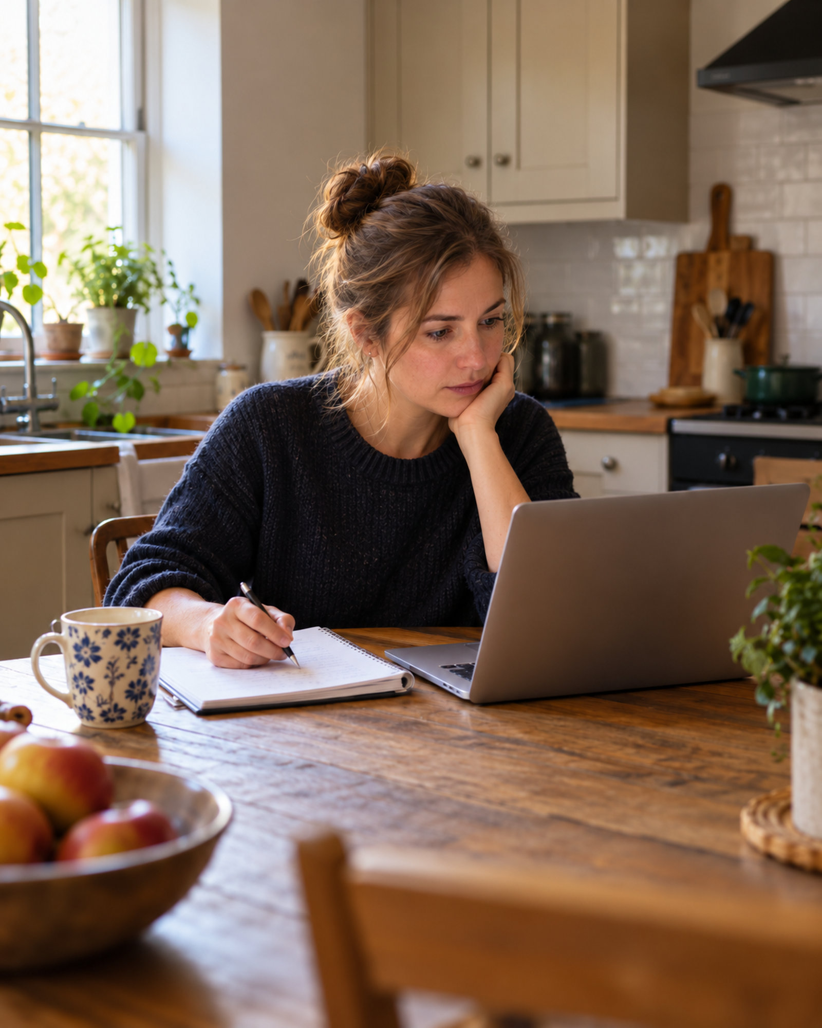 A learner studying at a kitchen table with a laptop and notebook.