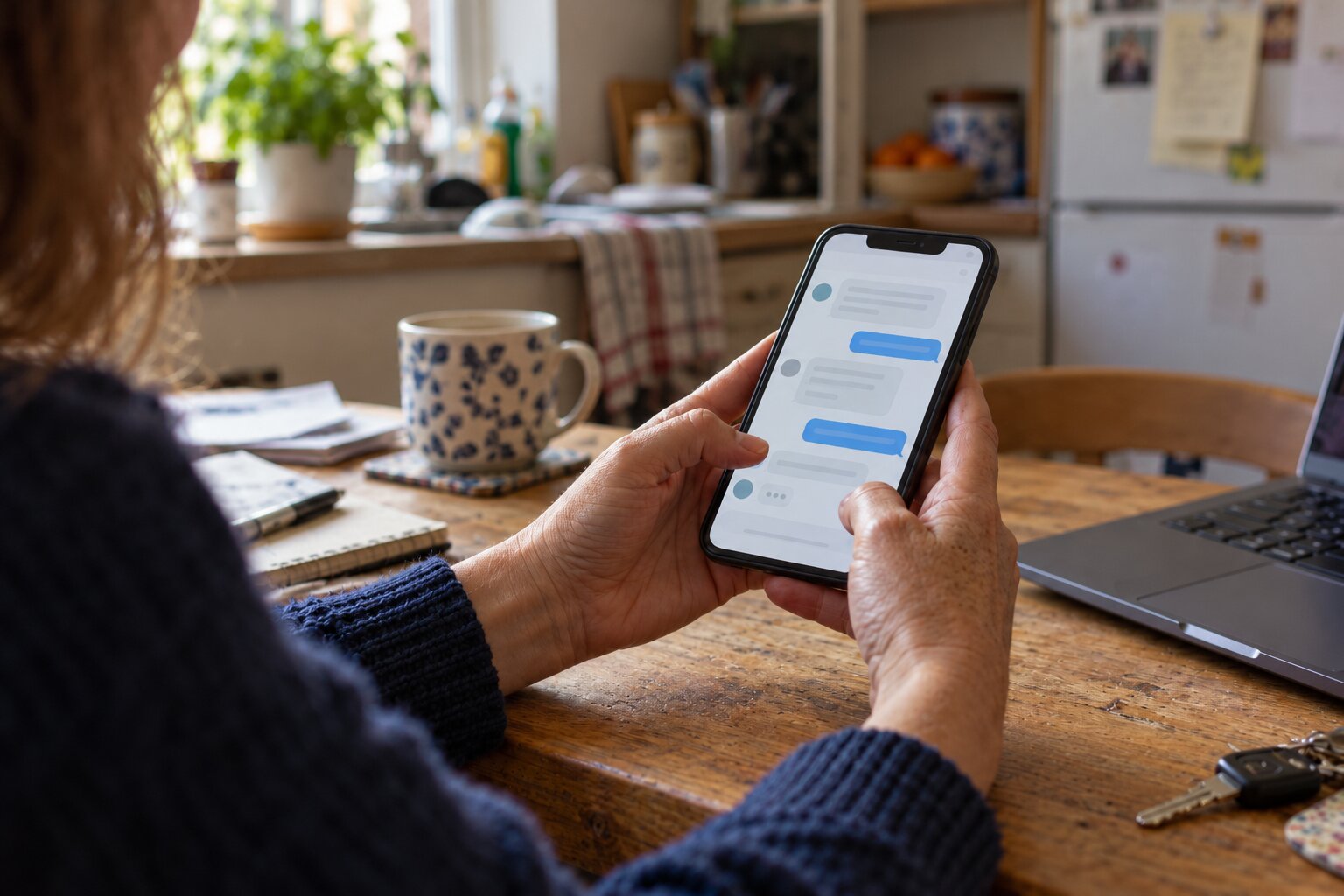 Someone holding a phone showing a support conversation.
