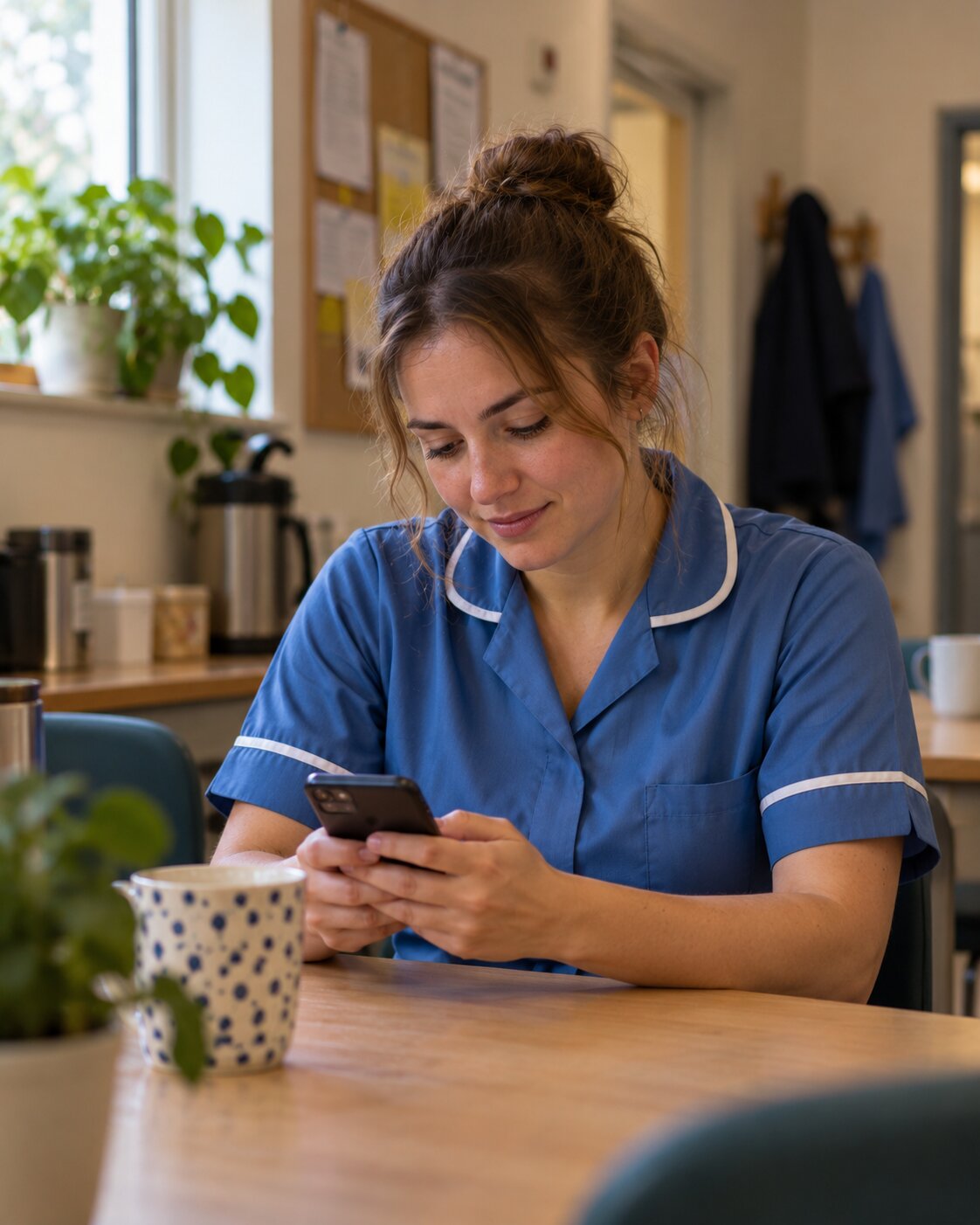 A care worker in uniform on a break, reading on their phone.